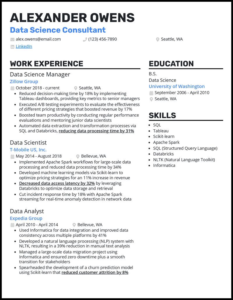 Data analytics consultant resume example with 9 years of experience