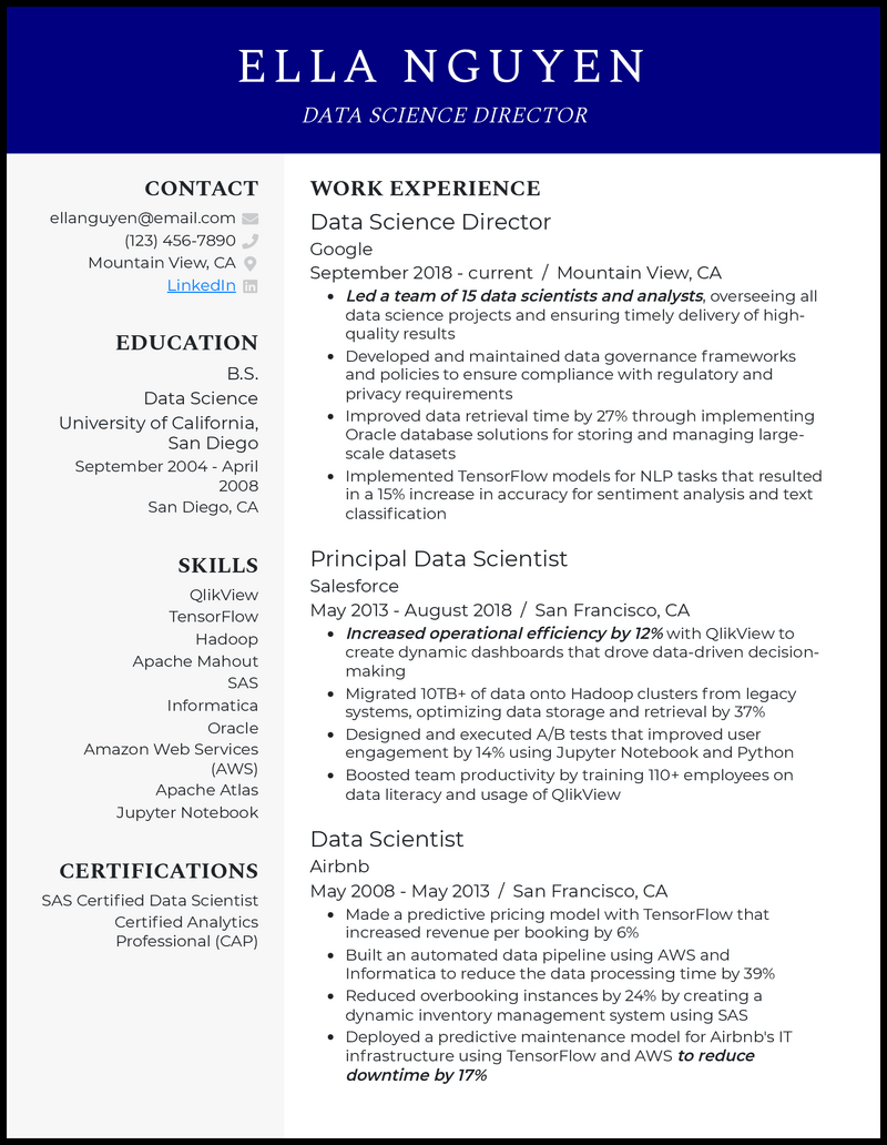 Data science director resume example with 5 years of experience