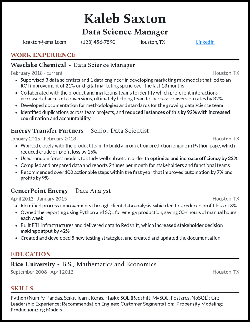 data science project manager resume