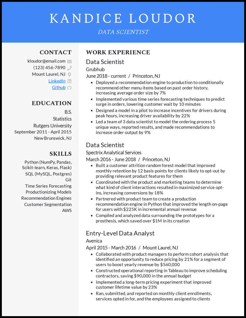 Data scientist resume example with 8 years of experience