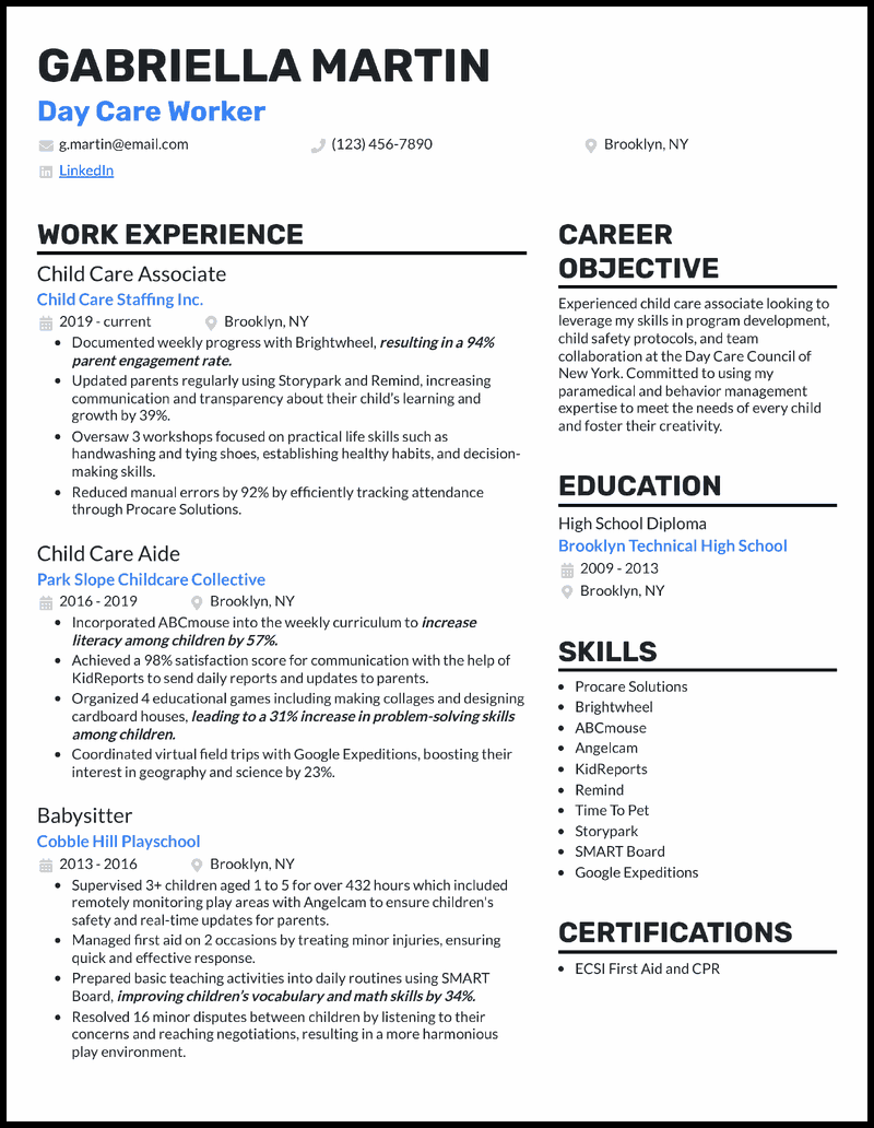 Day care worker resume example with 10 years of experience