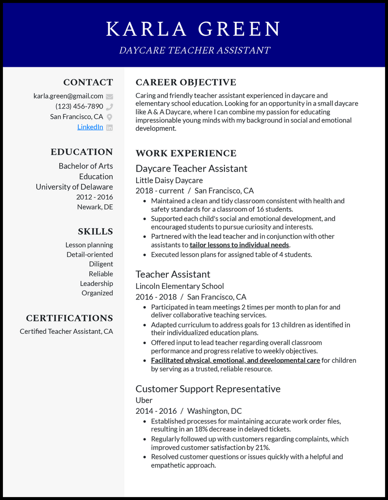 3 Daycare Teacher Assistant Resume Examples For 2024