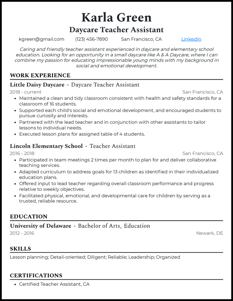 resume examples for daycare teacher