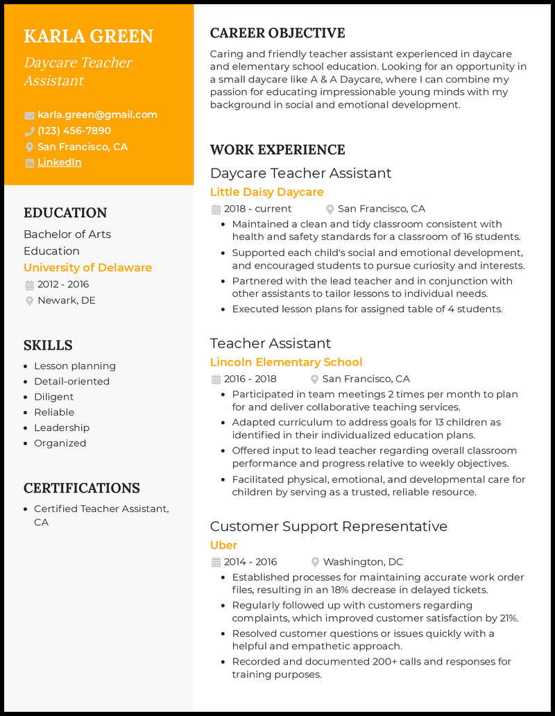 Sample Resume For Teacher Assistant With No Experience Acha Cingcing   Daycare Teacher Assistant Resume Example 