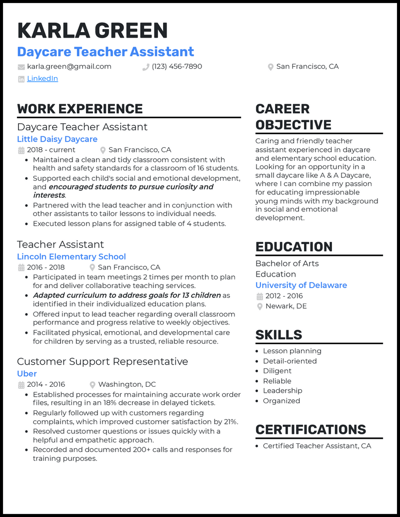 Teacher Assistant Job Description For Resume