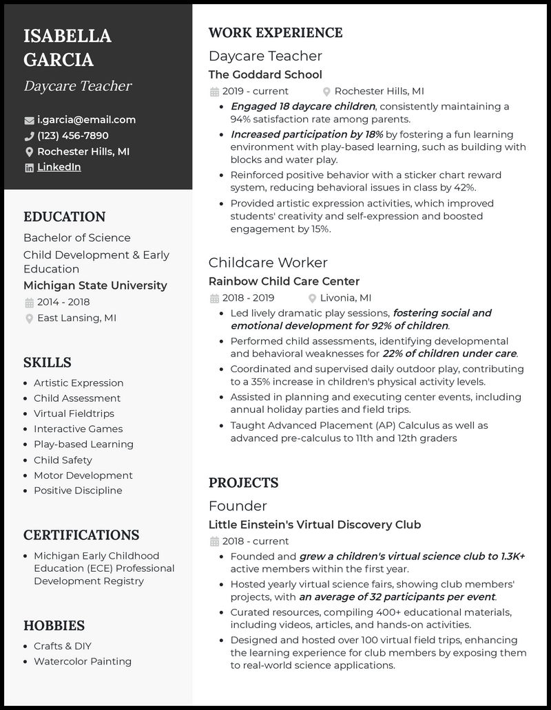 5 Daycare Teacher Resume Resume Examples Made for 2025