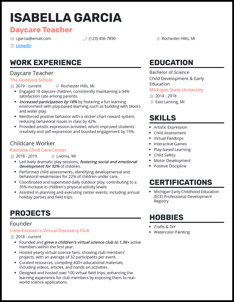 Standout resume template for daycare teacher