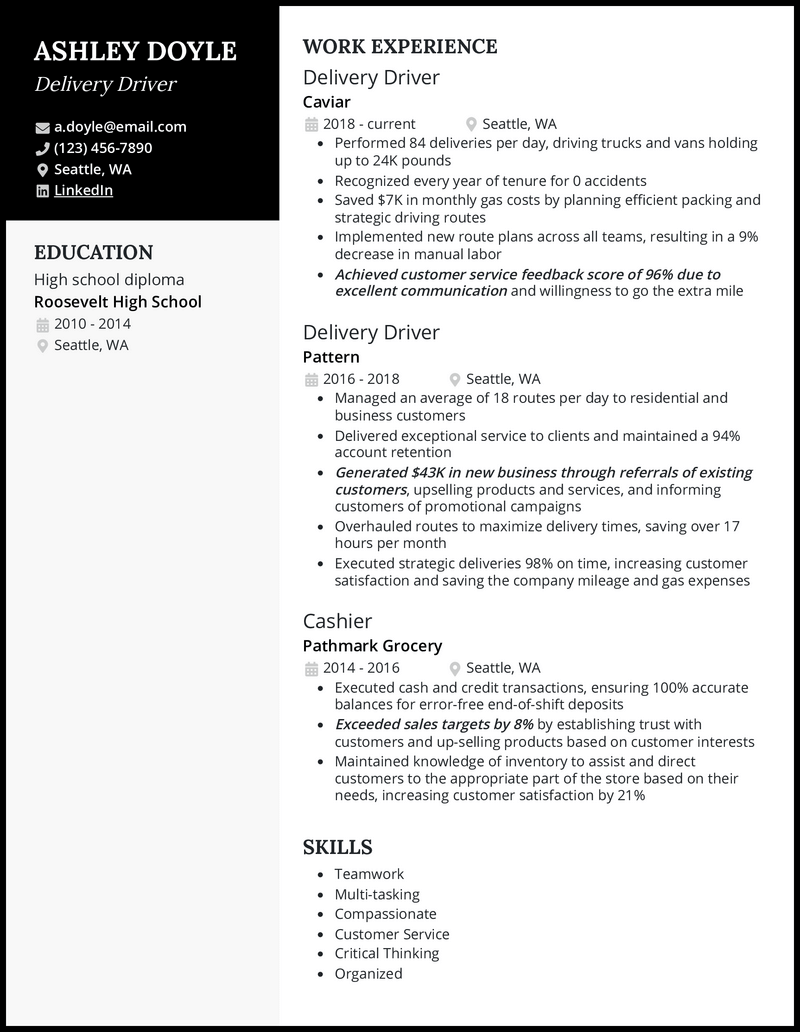 Delivery driver resume example with 6 years of experience