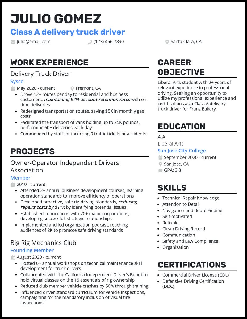 Delivery truck driver resume example with 7+ years experience