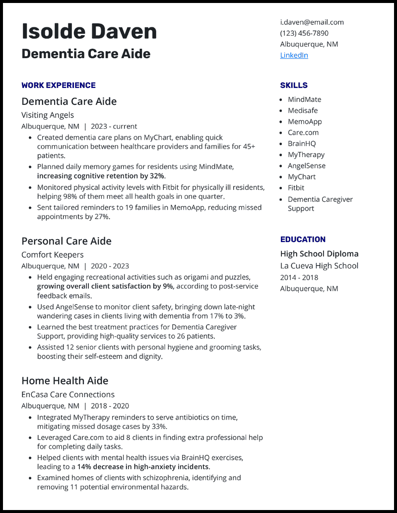 Dementia caregiver resume example with 3 years of experience