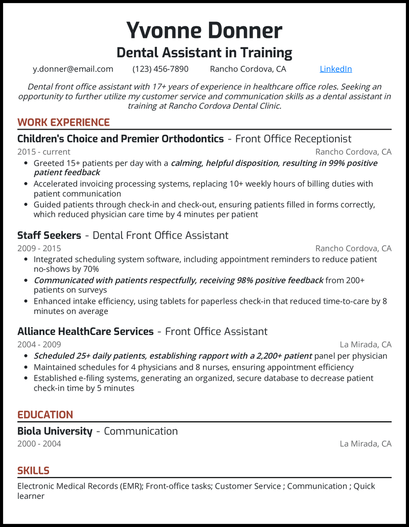 Dental assistant in training resume example with 17 years of experience