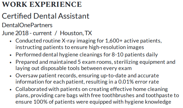 Work experience section for dental assistant resume