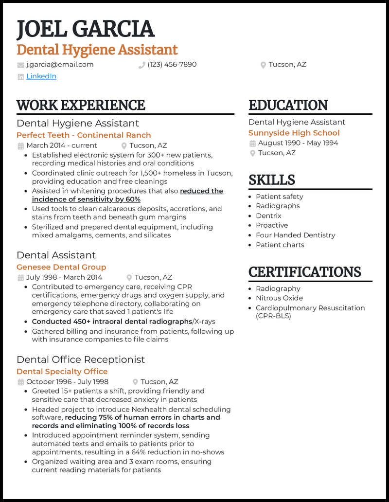 Dental hygiene assistant resume example with 25 years of experience