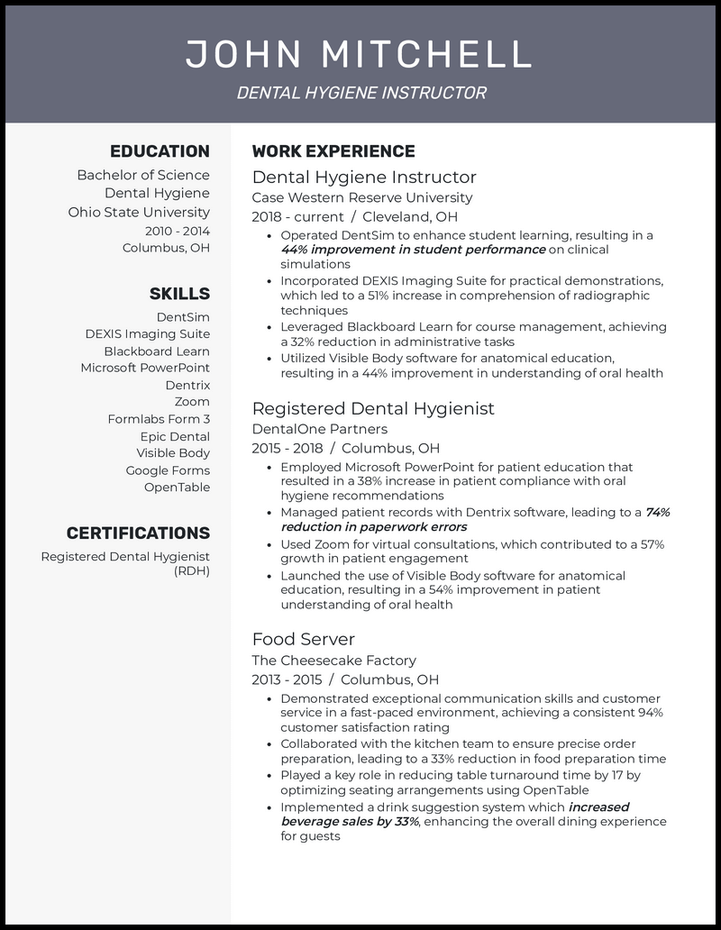 7 Dental Hygienist Resume Examples - Dental Hygiene Instructor Gray Resume Example 