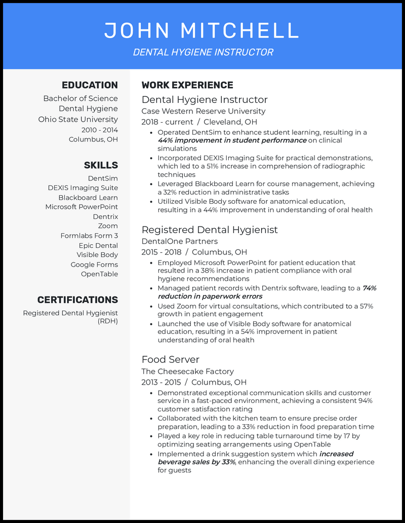 Dental hygiene instructor resume example with 6 years of experience