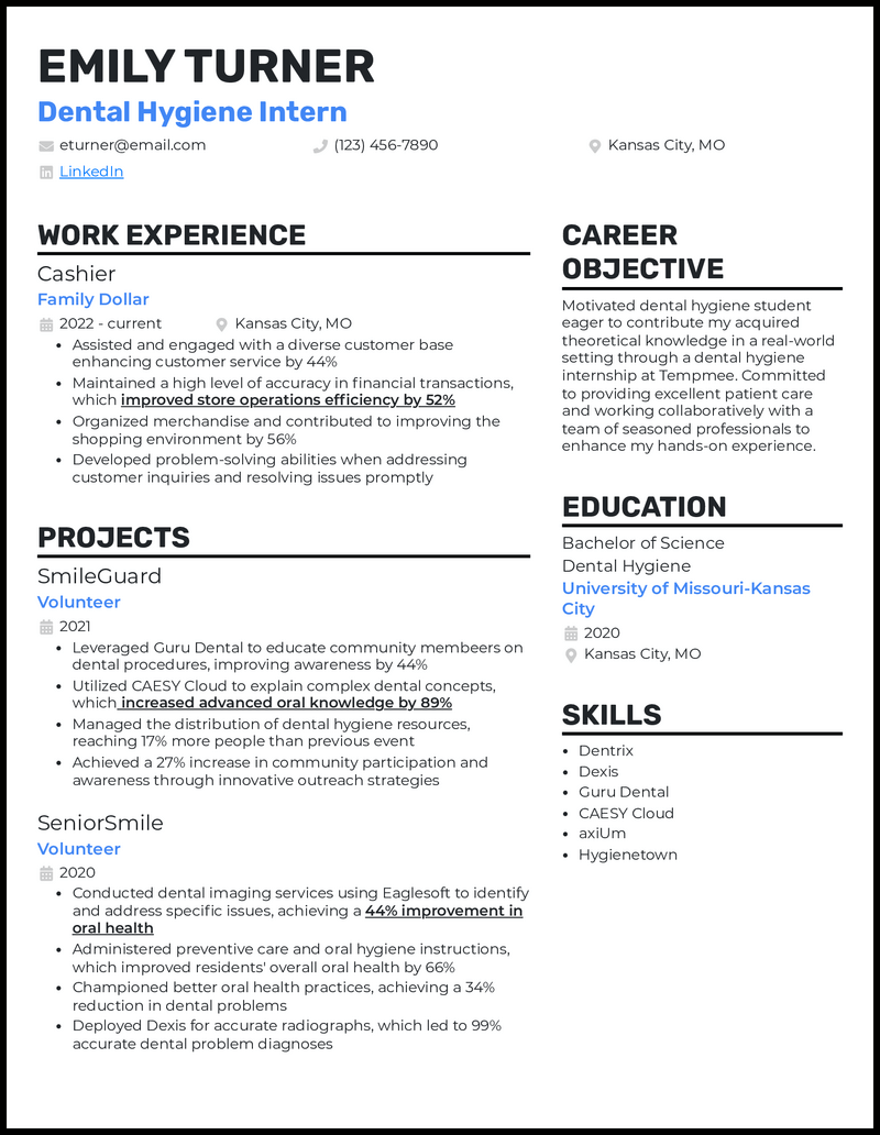 Dental hygiene student resume example with volunteer experience