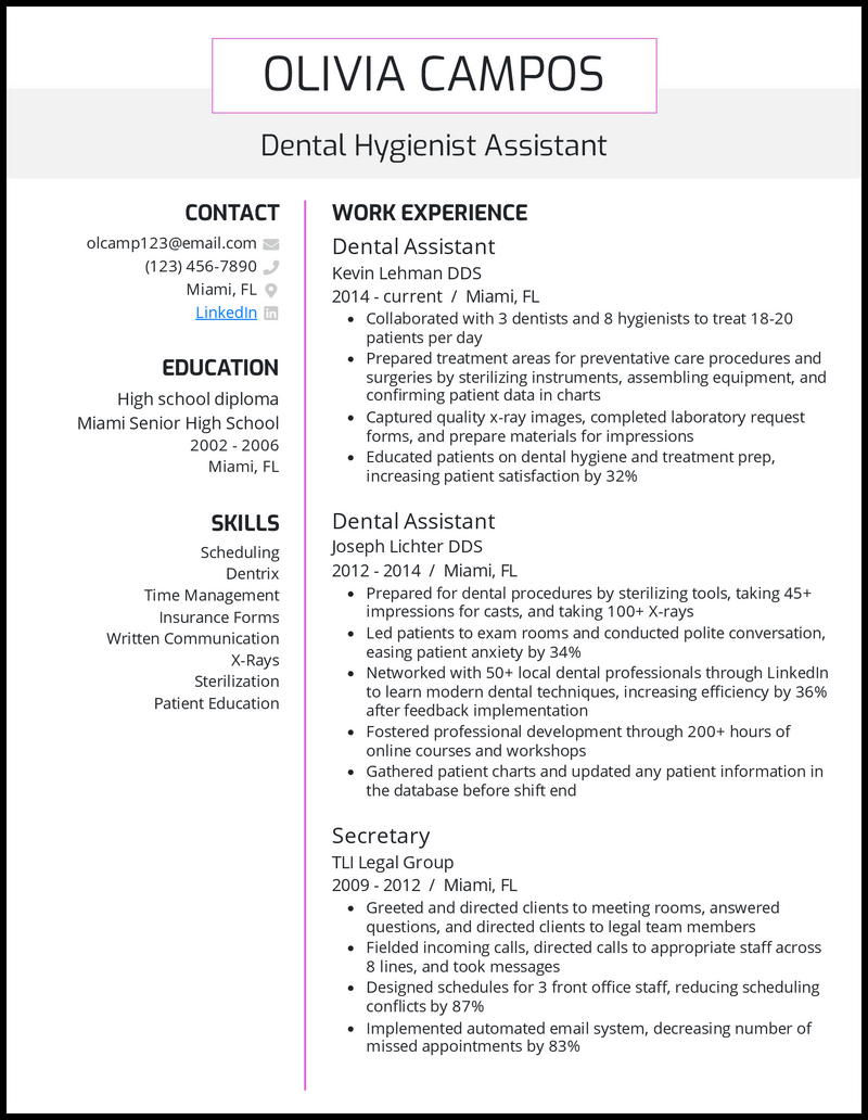 Dental hygienist assistant resume example with 10 years of experience