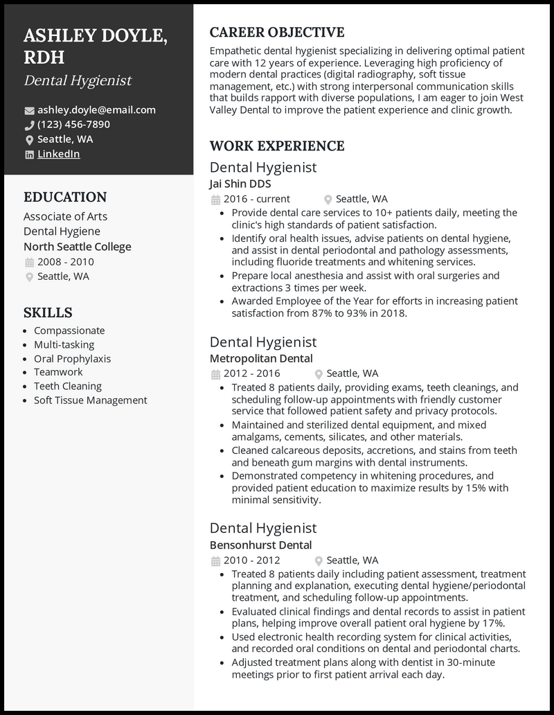 Dental hygienist resume example with 12 years of experience