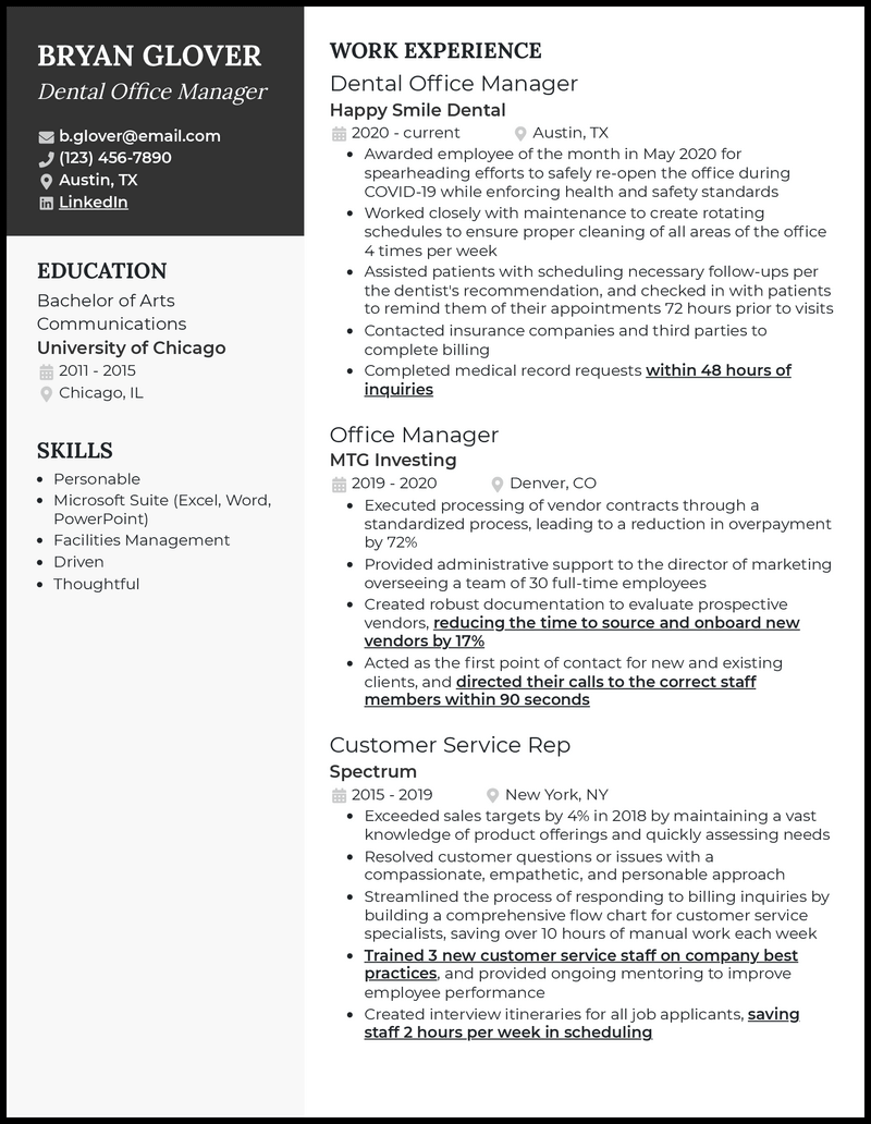 Modern dental office manager resume example with 8+ years experience