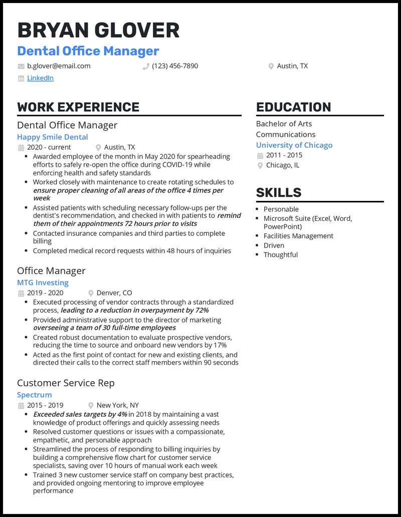 Dental office manager resume example with 8+ years experience