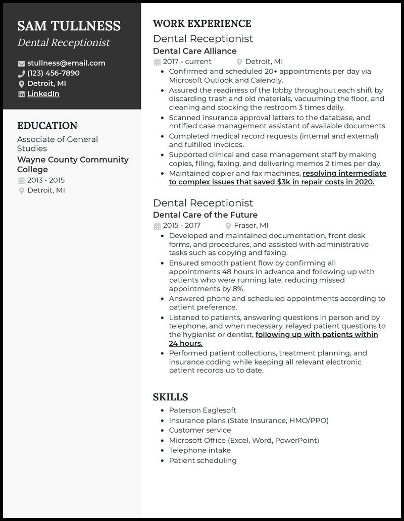 Professional dental receptionist resume example with 4+ years experience