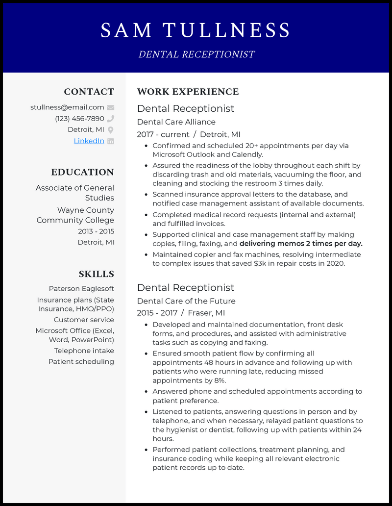 Formal dental receptionist resume example with 4+ years experience