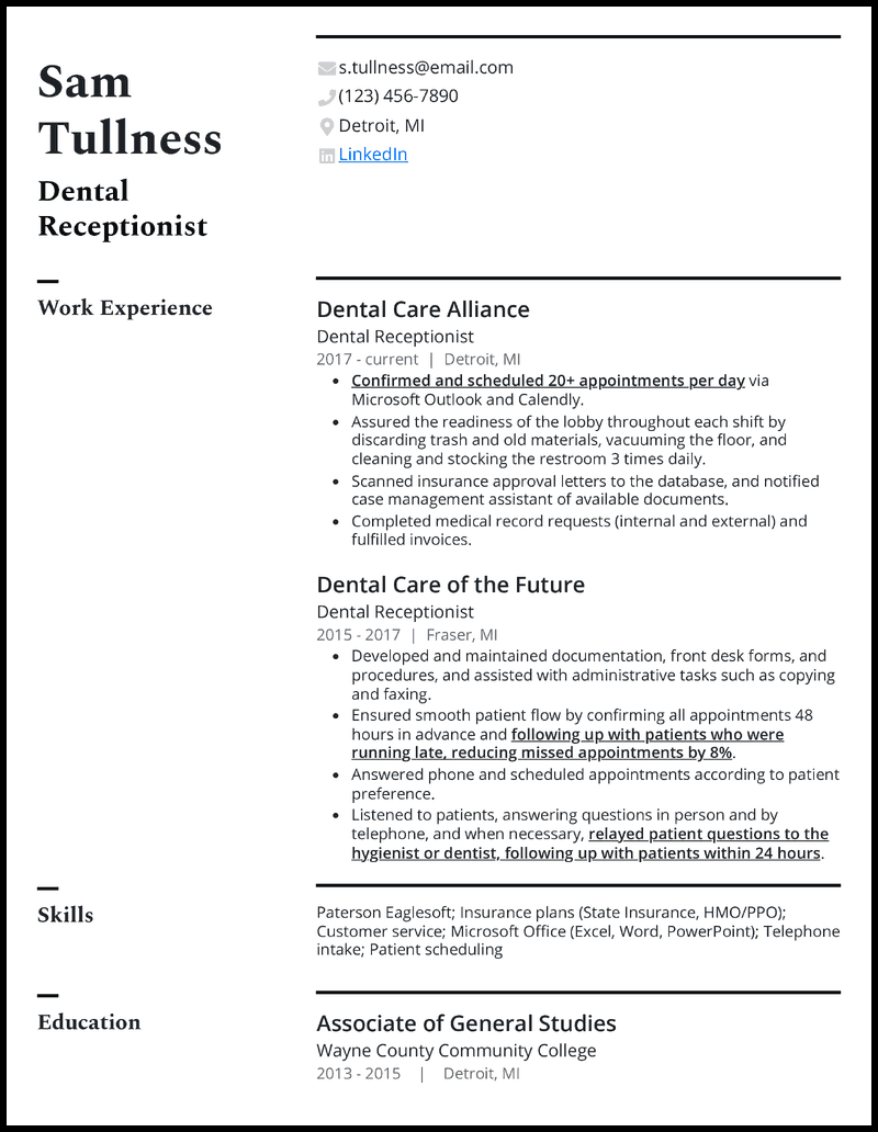 Dental receptionist resume example with 8 years of experience