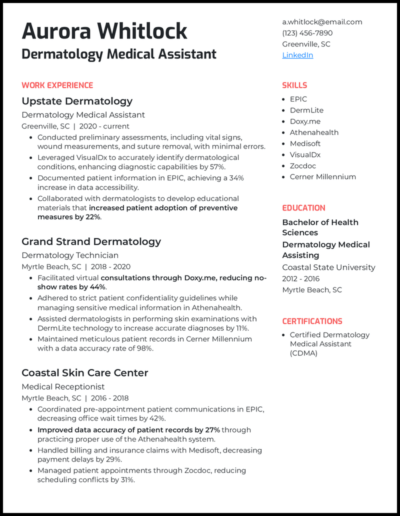 Dermatology medical assistant resume example with 7 years of experience