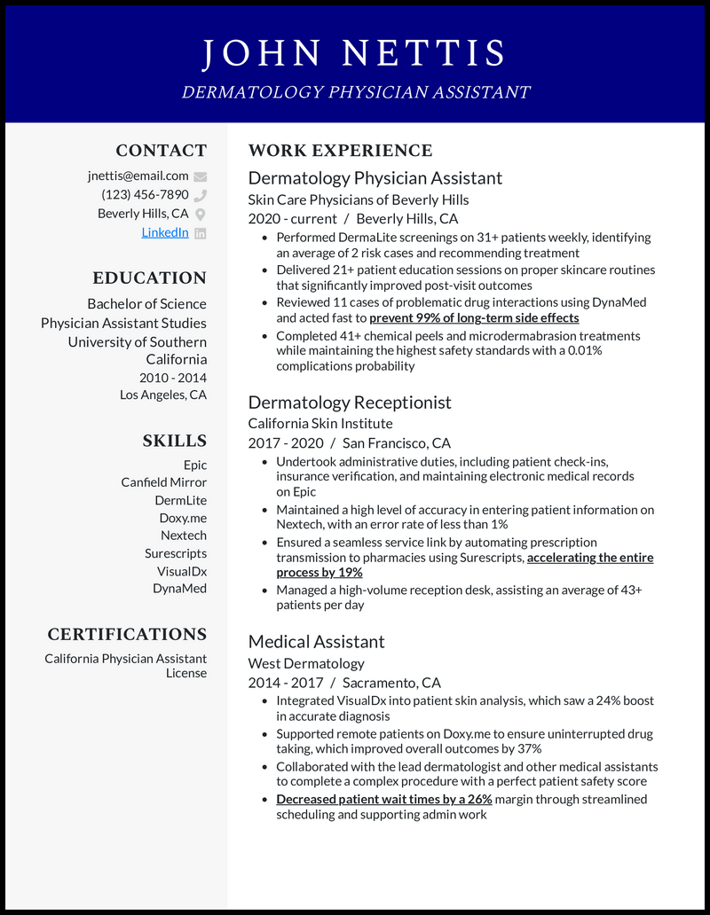 Dermatology physician assistant resume example with 3 years of experience