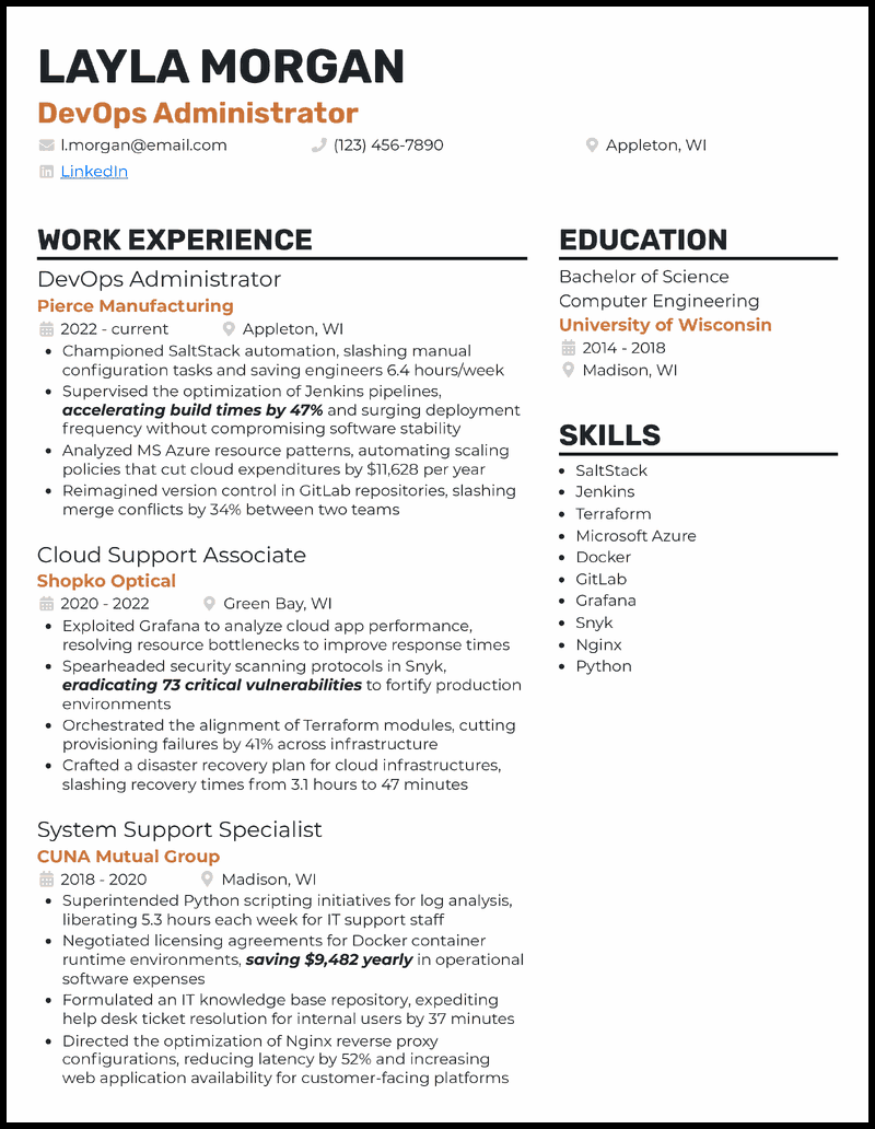 DevOps administrator resume example with 3 years of experience