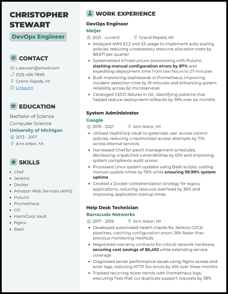DevOps Chef resume example with 4 years of experience