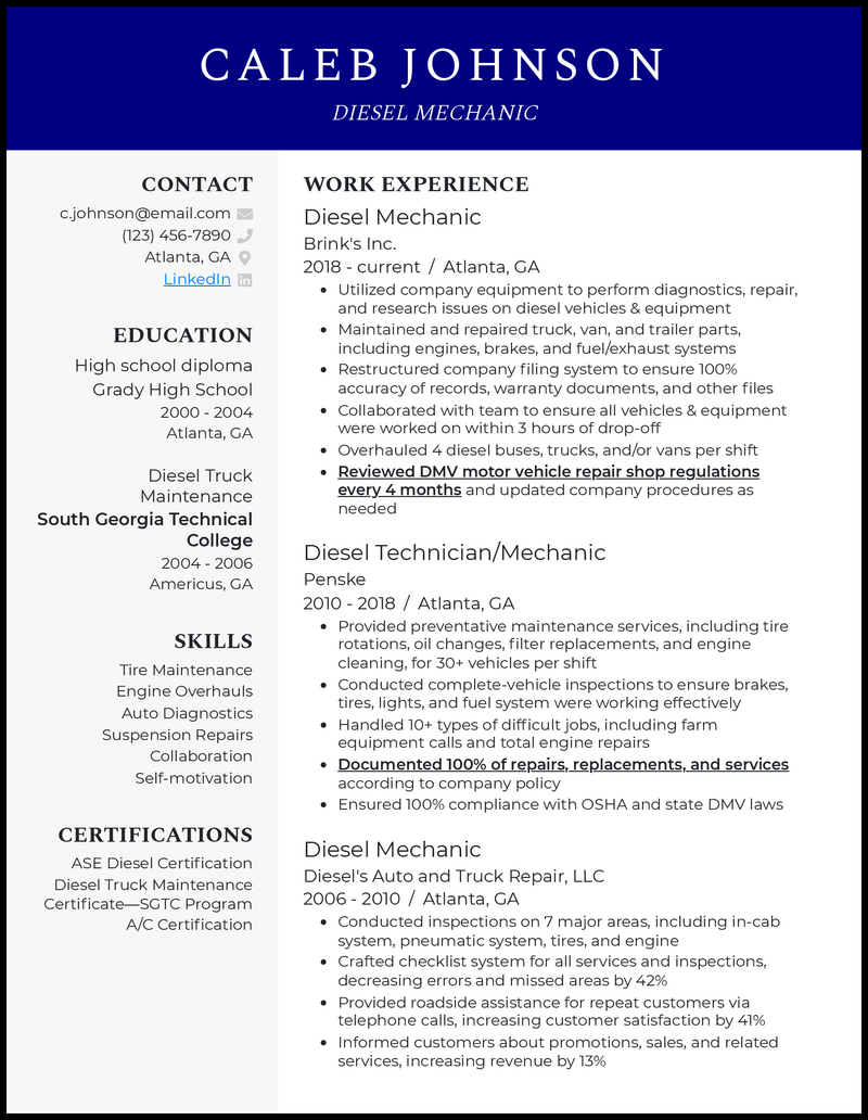 Elegant diesel mechanic resume example with 5+ years experience