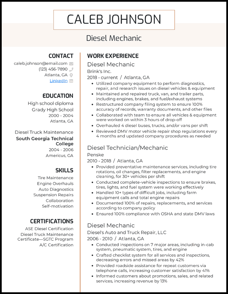 Diesel mechanic resume example with 16 years of experience