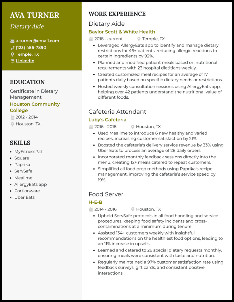 7 Food Service Worker Resume Examples - Dietary Aide Olive Resume Example 