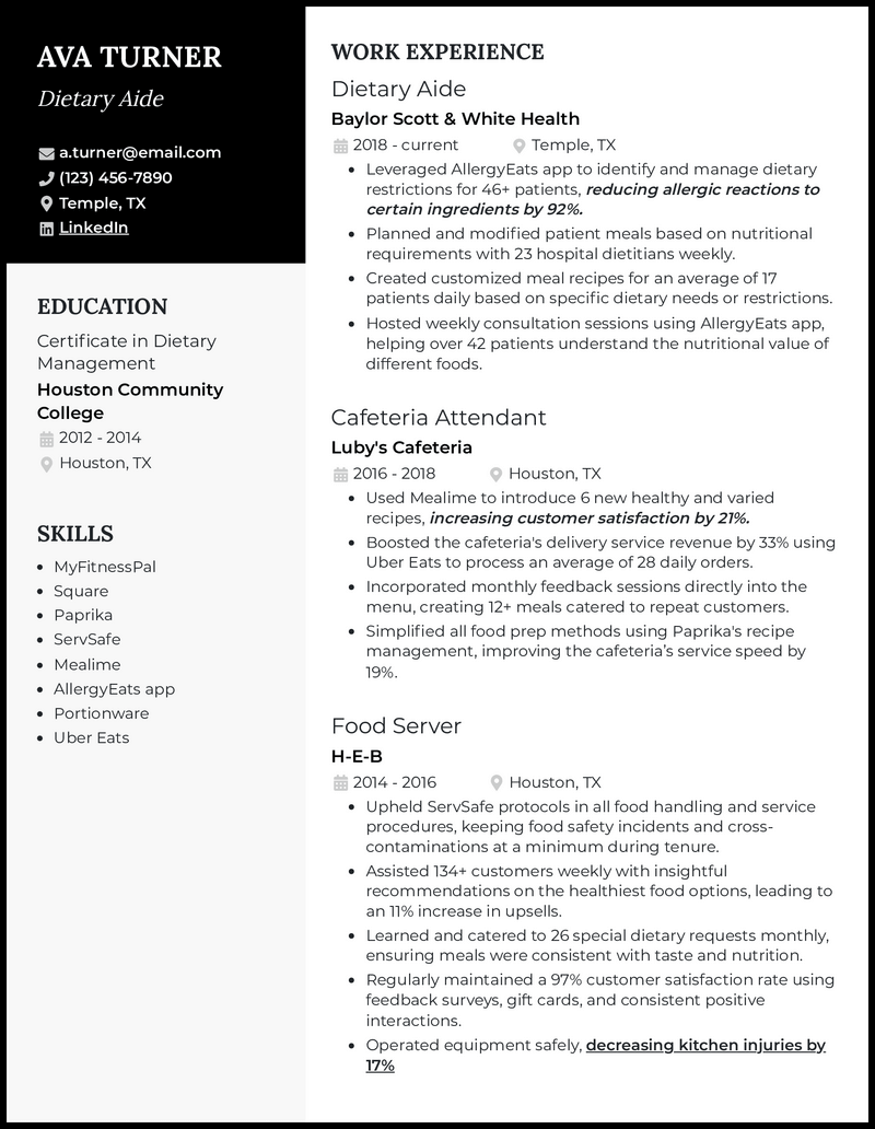 Dietary aide resume example with 5 years of experience 