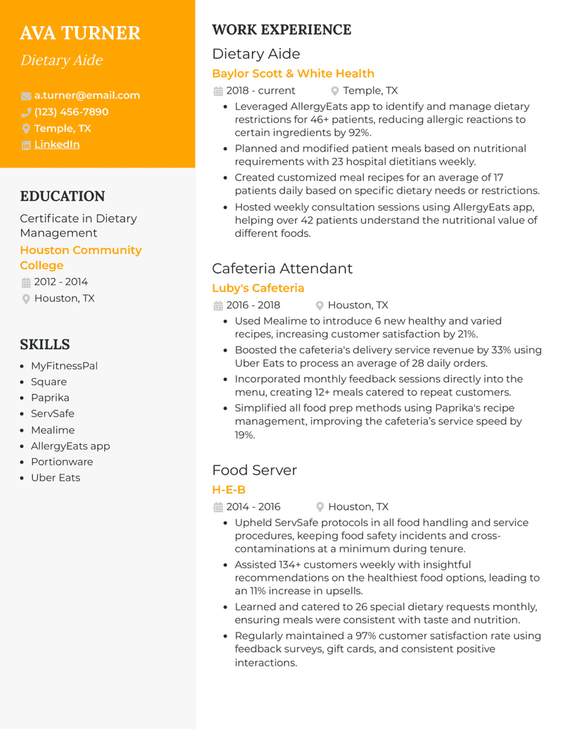 7 Food Service Worker Resume Examples - Dietary Aide Yellow Resume Example 