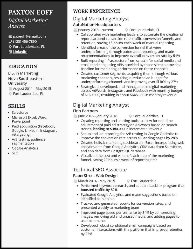 Digital marketing analyst resume example with 6+ years experience