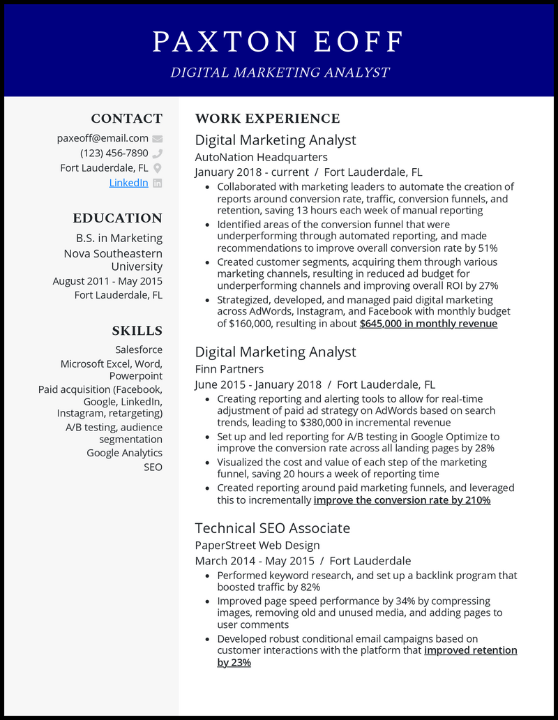 Elegant digital marketing analyst resume example with 6+ years experience