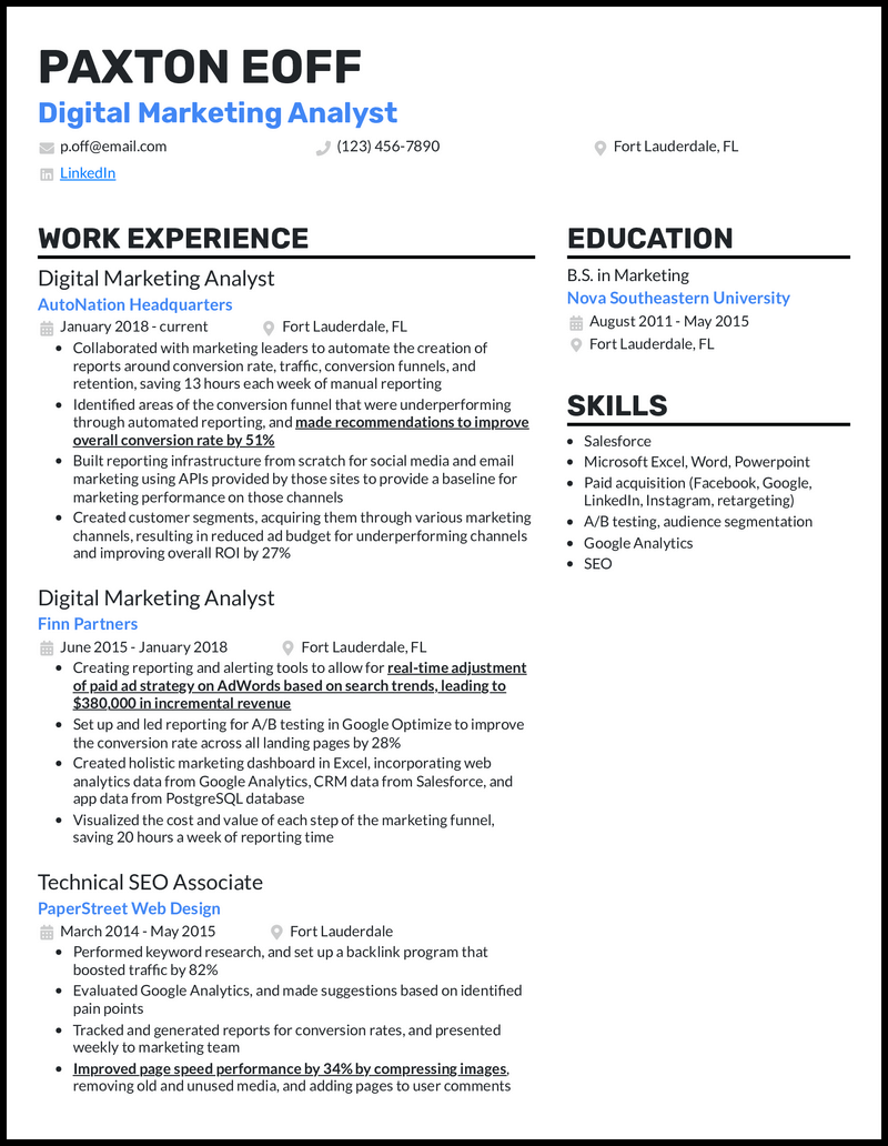 Digital marketing analyst resume example with 9 years of experience