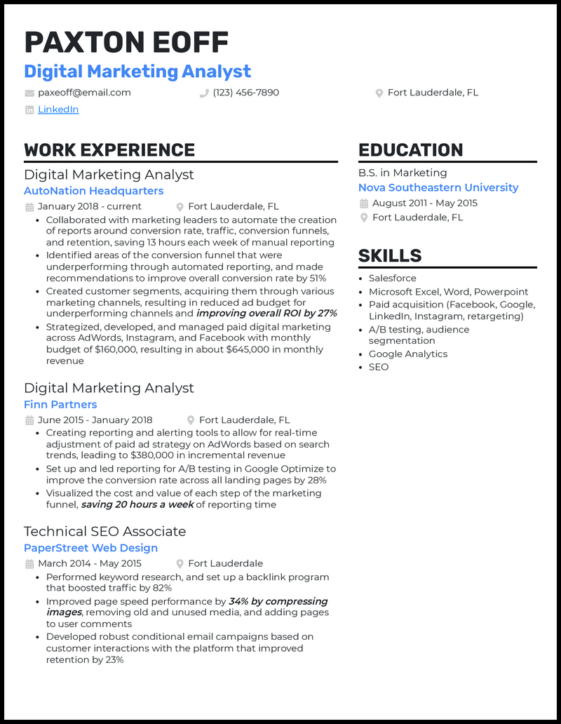 Formal digital marketing analyst resume example with 6+ years experience