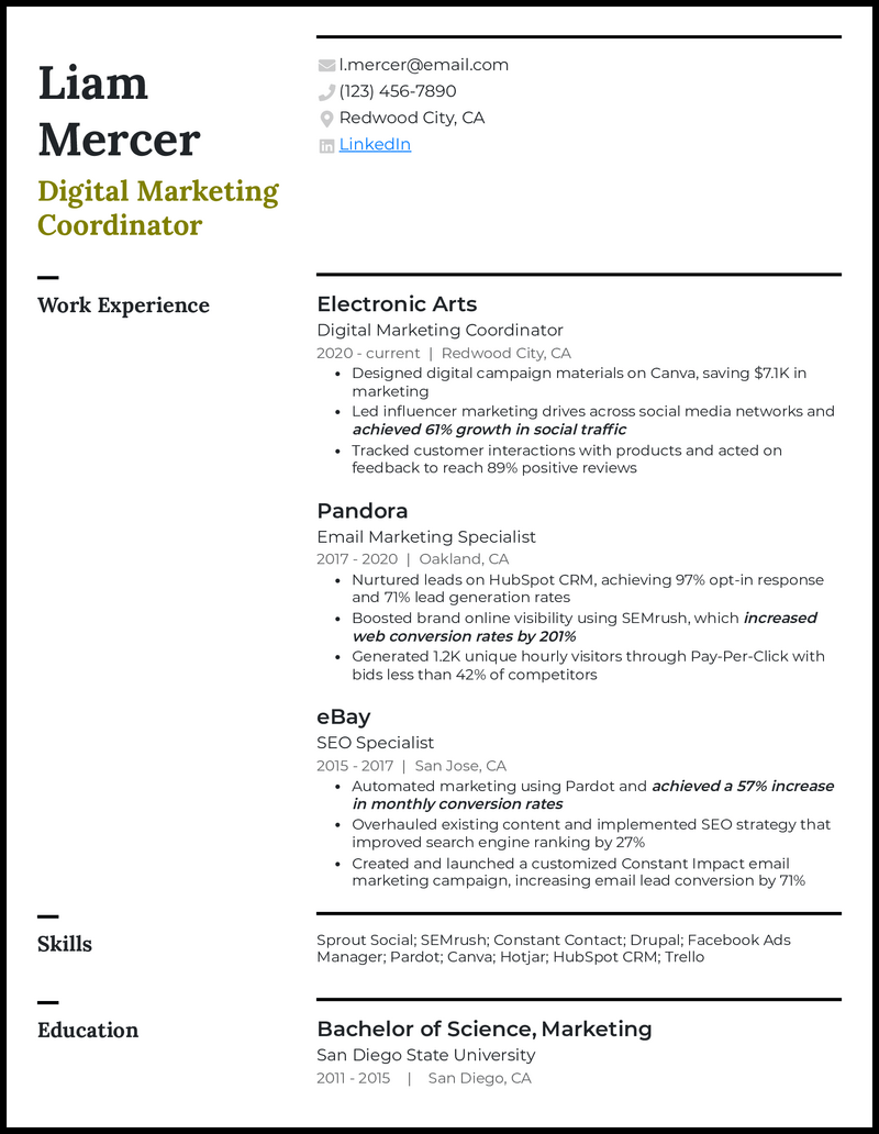 Digital marketing coordinator resume example with 3 years of experience