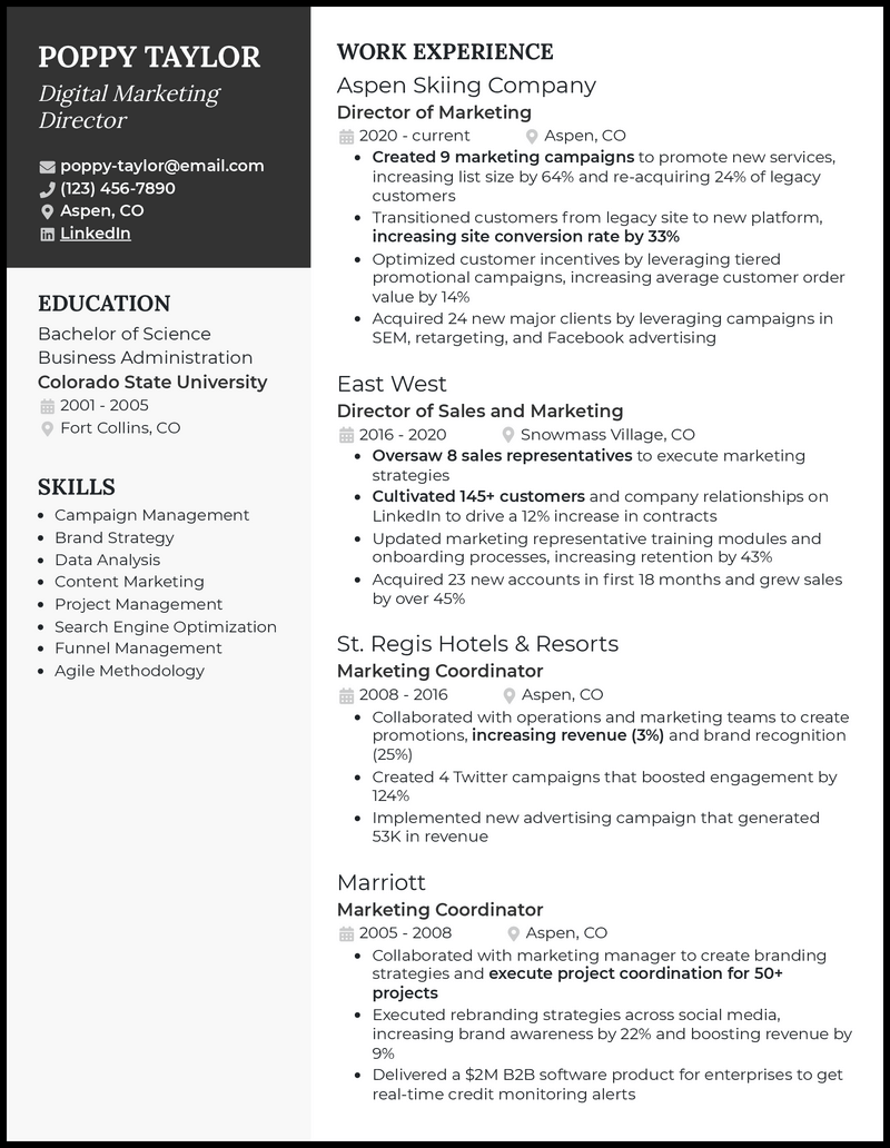 Digital marketing director resume example with 8+ years experience