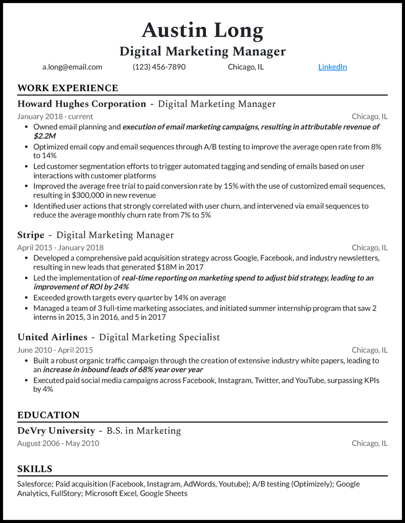 Digital marketing manager resume example with 7 years of experience