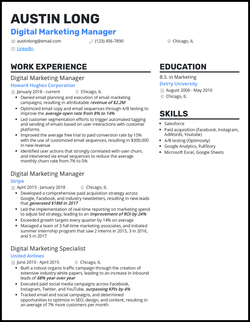 Digital marketing manager resume example with 5+ years experience