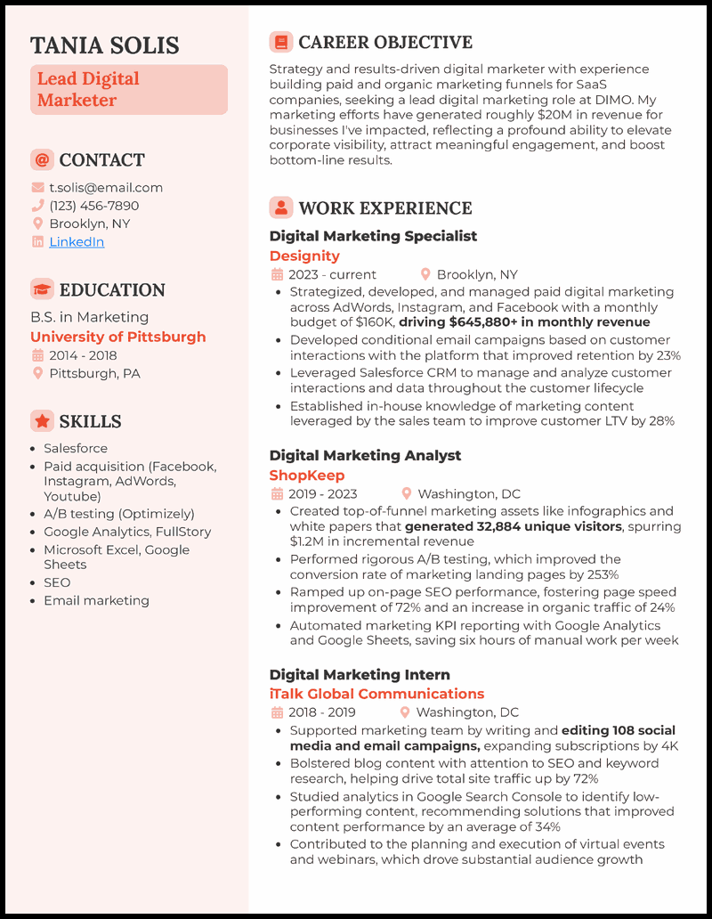 marketing job description for resume