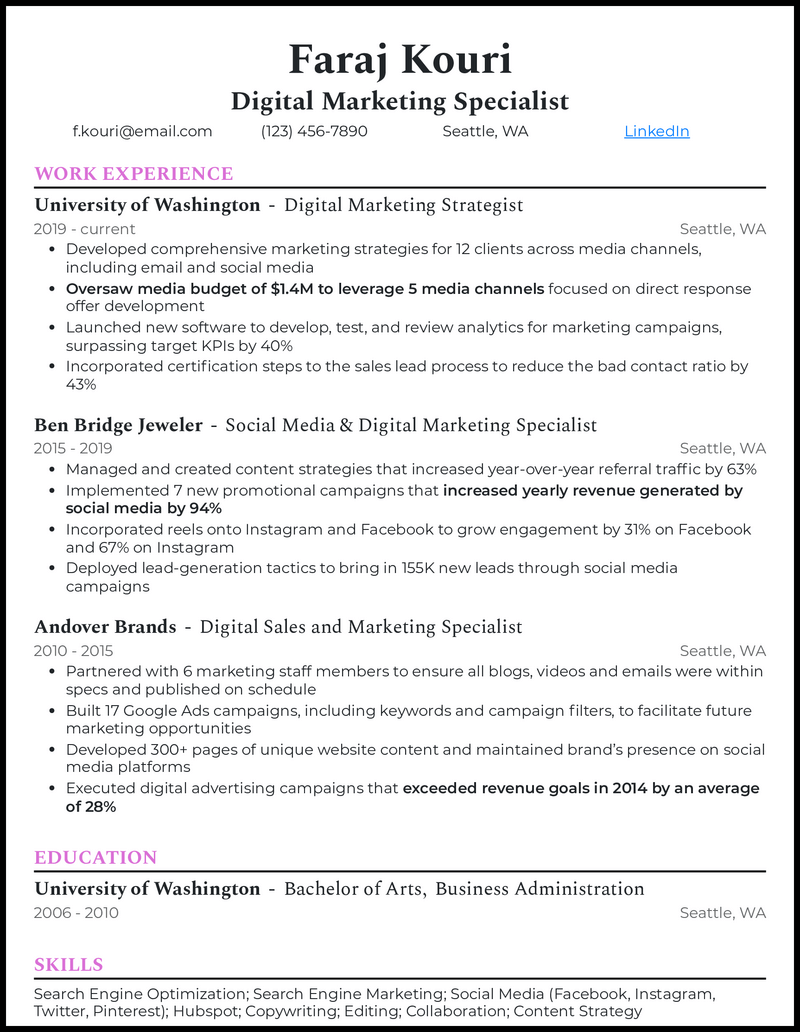 Digital marketing specialist resume example with 15 years of experience