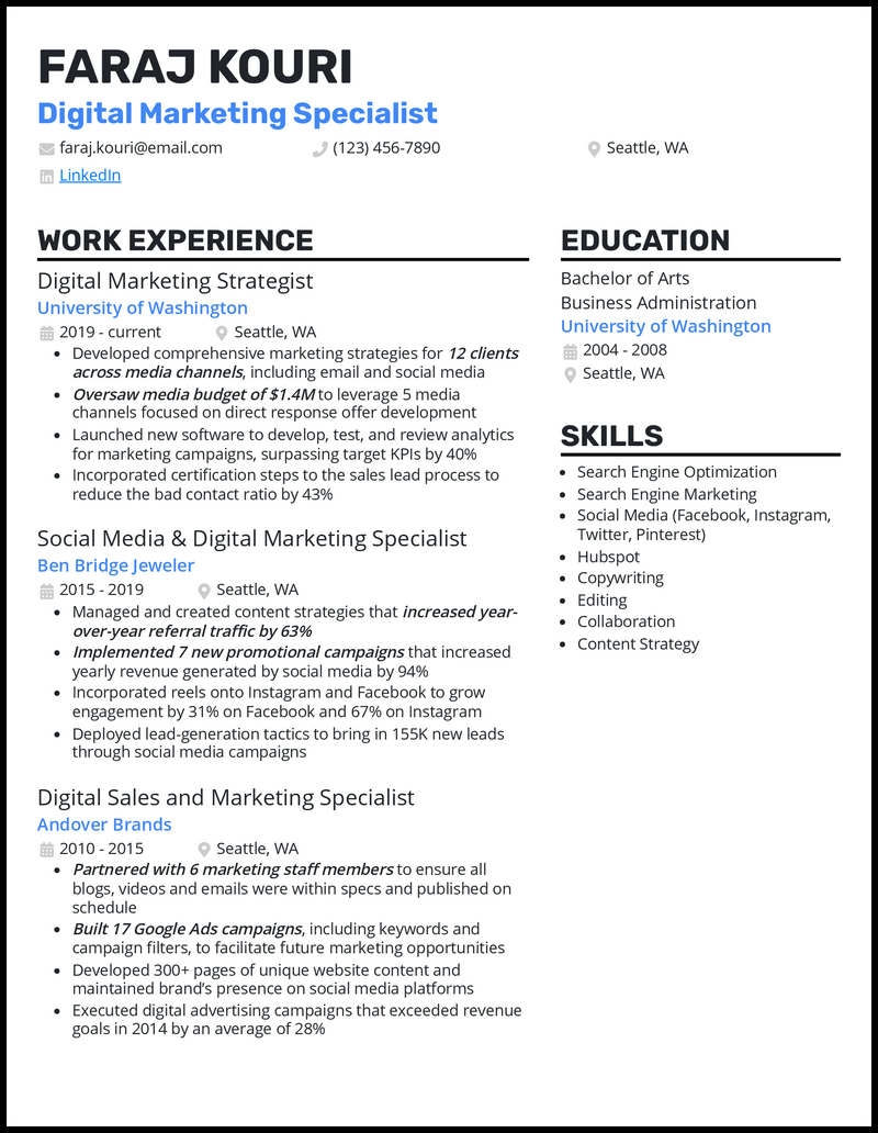 Digital marketing specialist resume example with 10+ years' experience