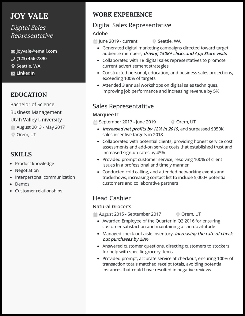 Modern digital sales resume example with 8+ years experience