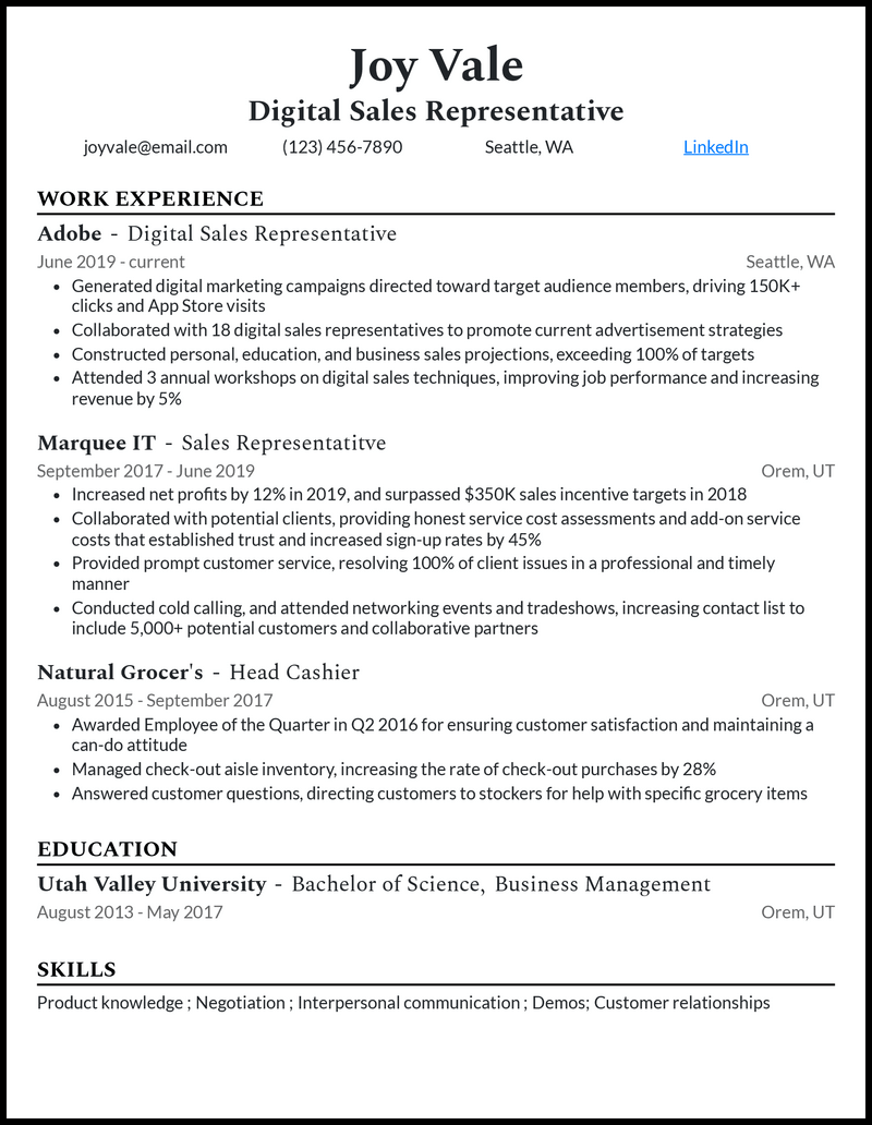 Professional digital sales resume example with 8+ years experience