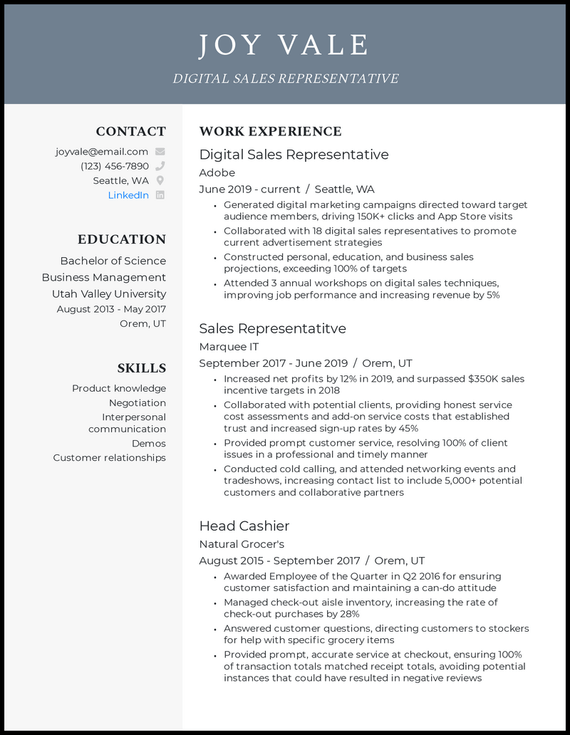 resume job description of sales manager